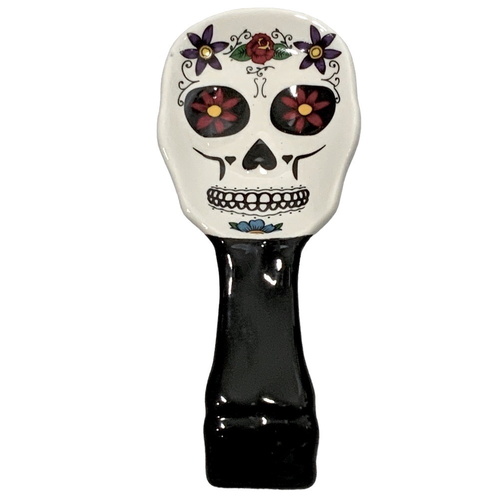 Sugar Skull Spoon Rest Ceramic Hand Painted Unique Day of the Dead White Black - Picture 16 of 16